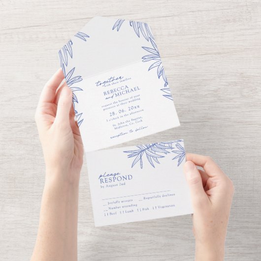 Iets blauw eenvoudig botanisch all in one uitnodiging (Afscheurbaar)