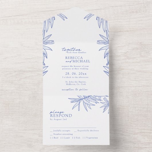 Iets blauw eenvoudig botanisch all in one uitnodiging (Binnen)