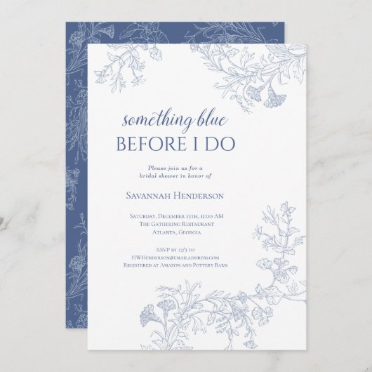 Iets blauwe bloemenbruids douche uitnodiging (Voorkant / Achterkant)