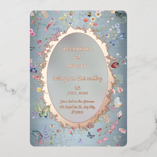 Iets Blauwe Wilde Bloemen Bruiloft Folie Uitnodigi Folie Uitnodiging (Voorkant)