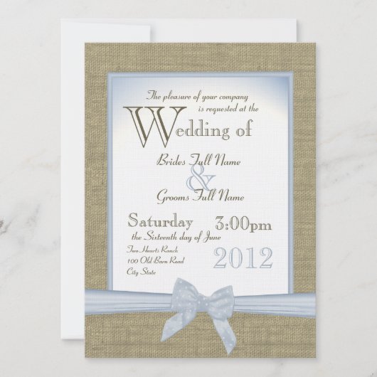 Iets Blue Burlap en Bow Country Wedding Kaart (Voorkant)