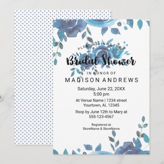 Iets Blue Waterverf Bridal Shower Invitation Kaart (Voorkant / Achterkant)