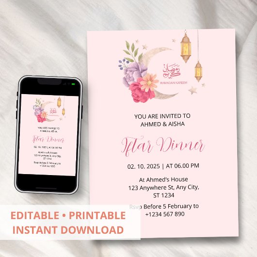 Iftar diner uitnodiging ramadan roze met maan