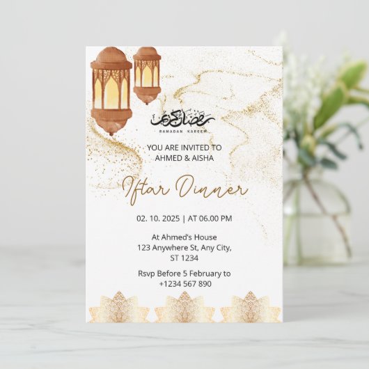 Iftar dineruitnodiging ramadan waterverf goud kaart (Staand voorkant)
