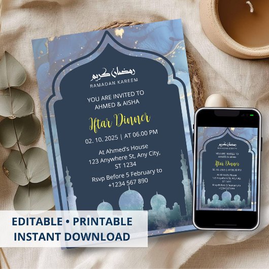Iftar dineruitnodiging ramadan waterverf moskee kaart