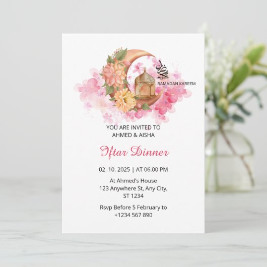 Iftar dineruitnodiging ramadan waterverf roze kaart (Staand voorkant)