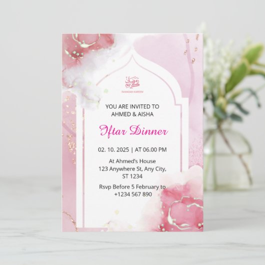 Iftar dineruitnodiging ramadan waterverf roze kaart (Staand voorkant)