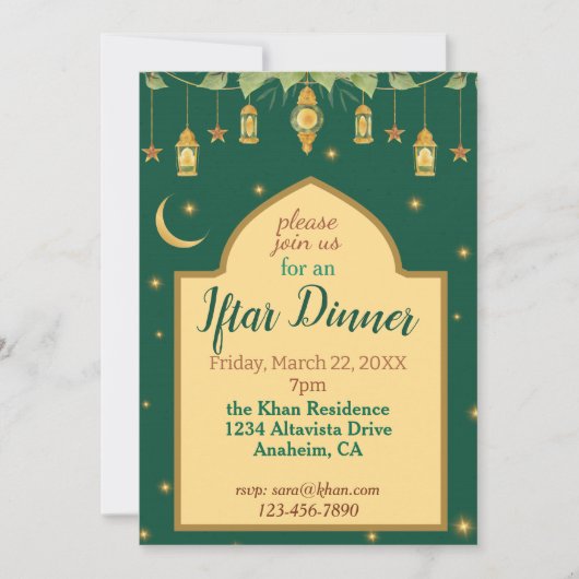 Iftar Ramadan Invitation Élégant Vert, Or, Lune (Devant)