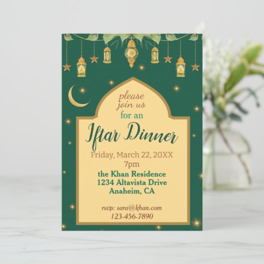 Iftar Ramadan Invitation Élégant Vert, Or, Lune (Debout devant)