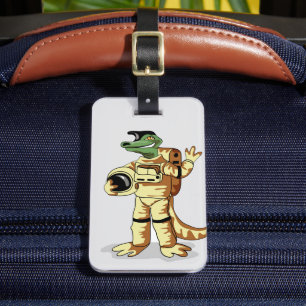 Iguanodon gekleed in een kosmonautenruimtepak. bagagelabel