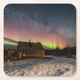 IJs en sneeuw Aurora Polaris Murmansk, IJsland Vierkante Kartonnen Onderzetter
