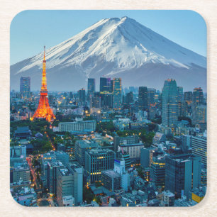 IJs en sneeuw   Mt. Fuji & Tokyo Skyline Vierkante Kartonnen Onderzetter