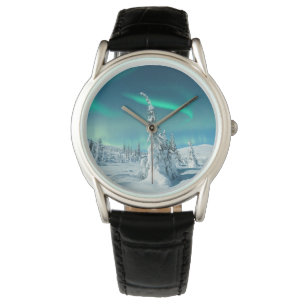 IJs en sneeuw   Noordelijke lichten, Lapland, Finl Horloge