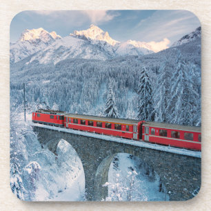 IJs en sneeuw   Red Bernina Express Train Zwitserl Bier Onderzetter