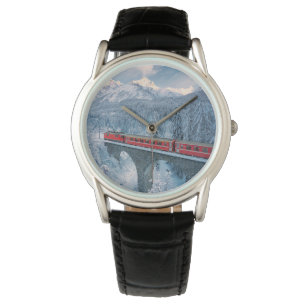 IJs en sneeuw Red Bernina Express Train Zwitserl Horloge