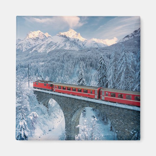 IJs en sneeuw | Red Bernina Express Train Zwitserl Magneet (Voorkant)