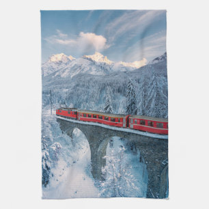IJs en sneeuw Red Bernina Express Train Zwitserl Theedoek