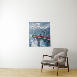 IJs en sneeuw Red Bernina Express Train Zwitserl Wandkleed