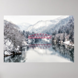 IJs en sneeuw Rode brug in de winter, Japan Poster