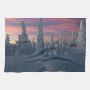 IJs en sneeuw Sneeuwwerende bomen, Lapland, Finl Theedoek