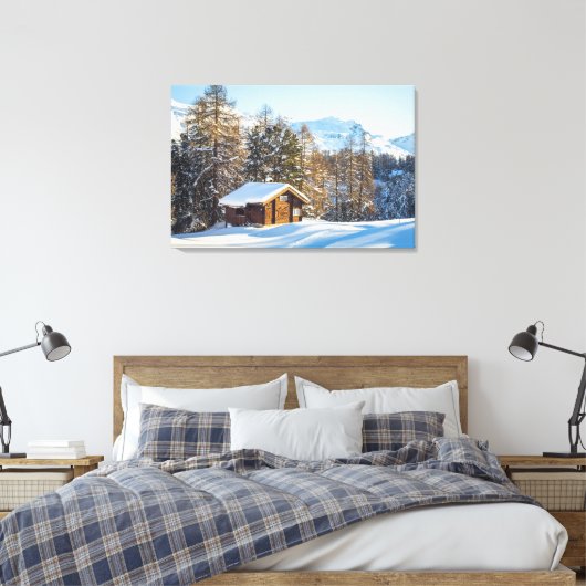 IJs en sneeuw | Winter Log Cabin Swiss Alps Canvas Afdruk (Insitu (Slaapkamer))