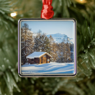 IJs en sneeuw Winter Log Cabin Swiss Alps Metalen Ornament
