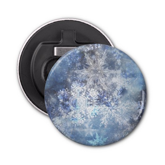 IJs en Sneeuwen, blauw kerstpatroon Button Flesopener (Voorkant)