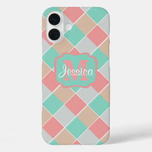 Ijs-Kleuren Geruit Gepersonaliseerd iPhone 16 Plus Hoesje