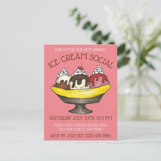 Ijs sociale feestparty dessert banaan split sundae uitnodiging briefkaart (Staand voorkant)