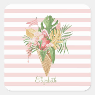 Ijs, Tropisch blad Fruit, Roze Strepen Vierkante Sticker