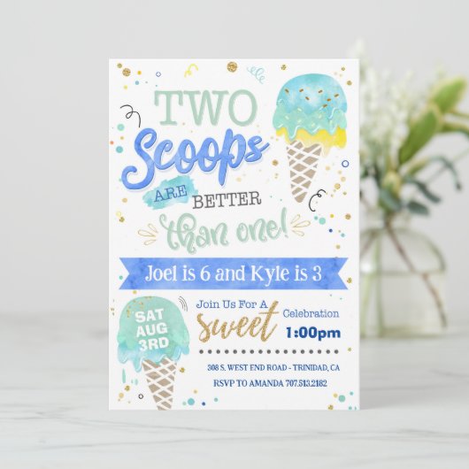 Ijs twee porties verjaardagsuitnodiging jongens kaart (Staand voorkant)