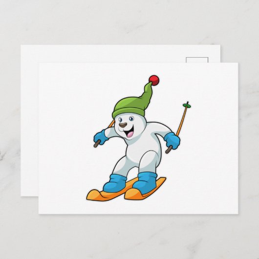 Ijsbeer als skiër met ski's en muts briefkaart (Voorkant / Achterkant)