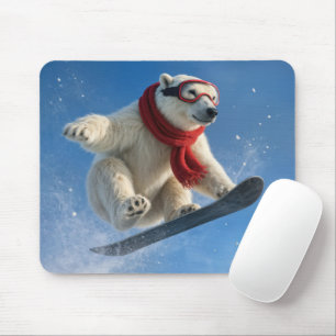 IJsbeer in de lucht op een snowboard Muismat