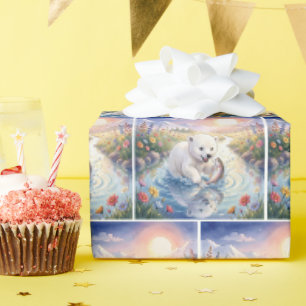 Ijsbeerwelp speelt met een vis cadeaupapier