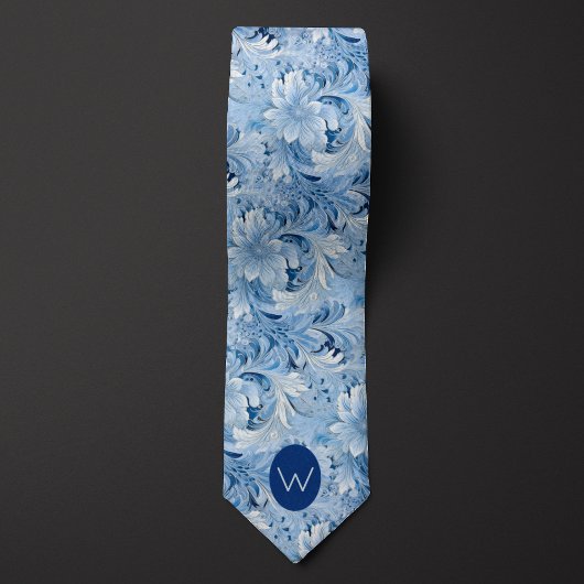 Ijsblauw botanisch monogram stropdas