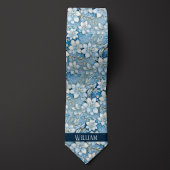 Ijsblauw, Wit en Gouden Bloem Stropdas