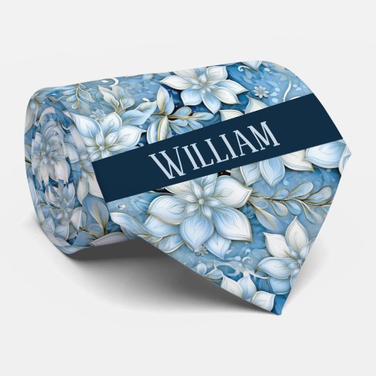 Ijsblauw, Wit en Gouden Bloemmotief Stropdas (Opgerold)