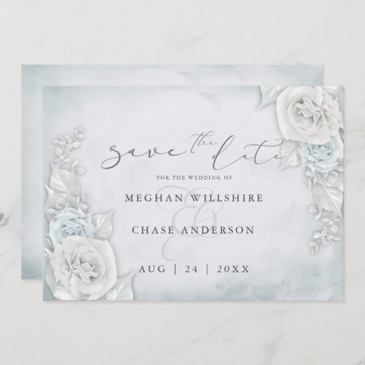 Ijsblauwe glinsterende rozen Save the Date (Voorkant / Achterkant)