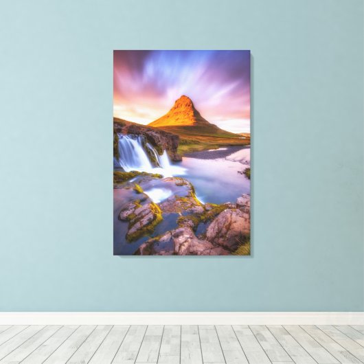 IJsland: zon, mooi landschap met waterval Canvas Afdruk (Insitu (Houten vloer))