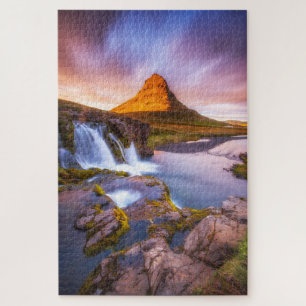 IJsland: zon, mooi landschap met waterval Legpuzzel