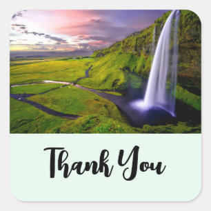 IJslandse Waterval Groene Natuur Foto Bedankt Vierkante Sticker