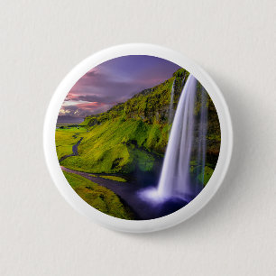IJslandse Waterval Groene Natuur Foto Ronde Button 5,7 Cm