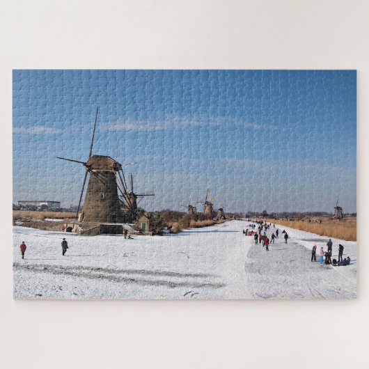 IJsschaatsen langs de windmolens in de winter Legpuzzel (Horizontaal)