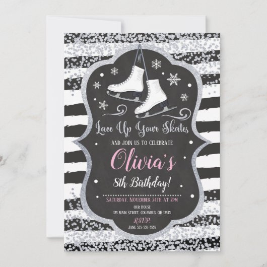 IJsschaatsen Verjaardag Uitnodiging Zilveren Glitt (Voorkant)