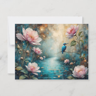 IJsvogel boven water en roze rozen Briefkaart