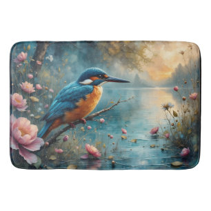 IJsvogel boven water met roze bloemen Badmat