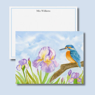 Ijsvogel met paarse irissen gepersonaliseerd notitiekaartje