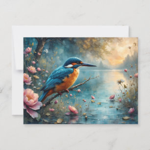 IJsvogel zweeft boven water roze bloemen Briefkaart