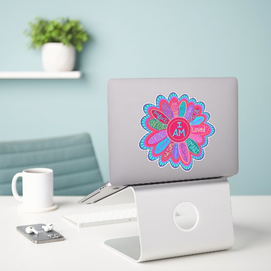 Ik ben aanmoediging roze bloem, inspirativiteit sticker (Laptop op bureau)