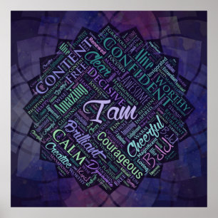 Ik ben Affirmations Word Cloud Art in lotus Poster